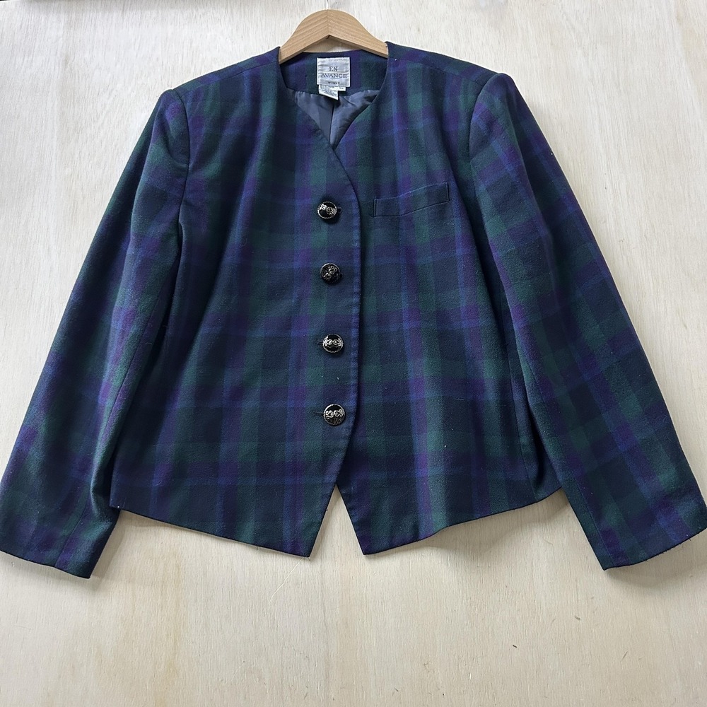 En Avance Jacket Womens 16W Green Plaid Tweed Collarless Lined Button Front